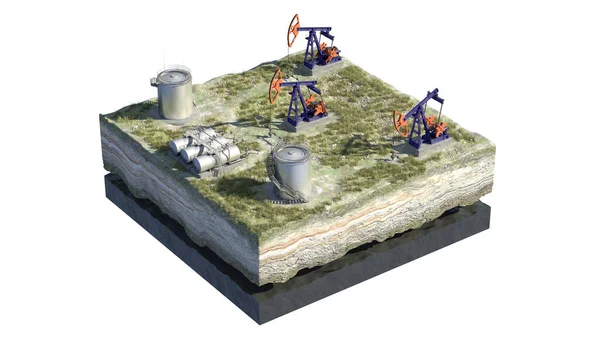 Oljepumpen knackar på en borrplats i en öken med oljefat och raffinaderitankar på en flytande ö. 3D-illustration. Perfekt för förklaring eller infographic. — Stockfoto