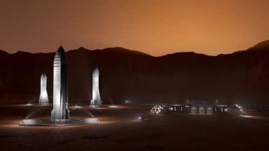 Mars güneşli ya da güneşli. Düşman ve çorak bir gezegendeki üssün tasviri. Küçük koloni, astronotların yüzeyi keşfetmek için kullanmaları için iki araçla donatılmıştır. 4k animasyon