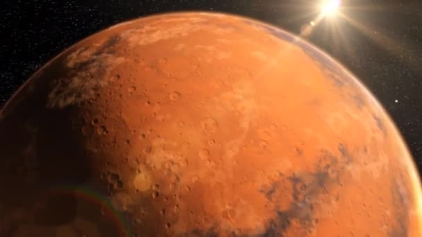 Увеличьте расстояние от планеты Марс до человеческой базы, расположенной в марсианском кратере. 4k 3D анимация — стоковое видео
