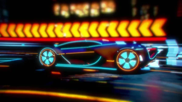 Μελλοντικό αυτοκίνητο πηγαίνει στο δρόμο με ενεργητική έκρηξη. 3D εικονογράφηση — Φωτογραφία Αρχείου