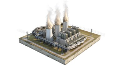 Elektrik santrali soğutma kulesi. Issız bir ada. Isometry. Arkaplan beyaz