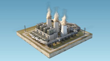 Elektrik santrali soğutma kulesi. Issız bir ada. Isometry Arkaplan mavisi