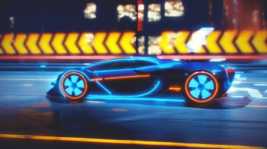 Gelecekteki araba enerji dolu bir patlamayla yolda gidiyor. 3d illüstrasyon