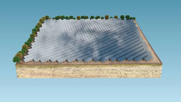 Solární panely. Solární energie. Odraz oblohy. Obrázek pozadí. 3D ilustrace — Stock fotografie