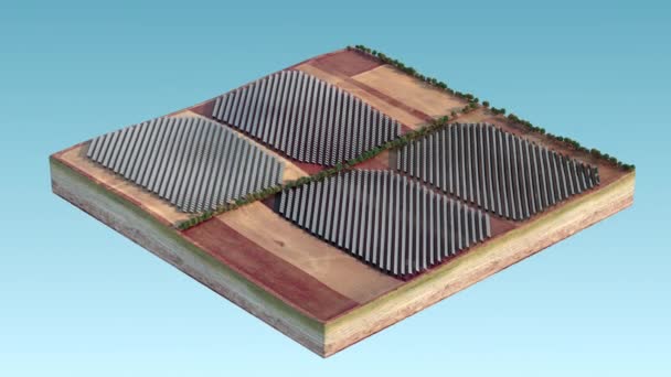 Solární panely uprostřed izolovaného ostrova. přistávací plochy. 4k video. 3D animace — Stock video