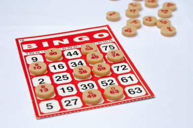 İş başarı kavramı: Kırmızı bingo kartı ile beyaz arka plan üzerinde beyaz küçük parça.