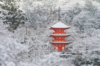 Kırmızı Pagoda ağaçları ile çevrili Kiyomizu-dera Tapınağı'nda güzel kış sezonunun kaplı beyaz kar arka plan Kyoto, Japonya.