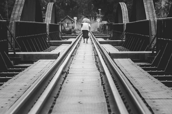 Abstract Black White Image Bridge River Kwae Historic Buildings Landmark — Fotografia de Stock