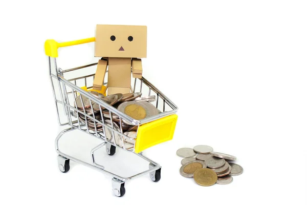 Üzleti Pénzügyi Fogalom Különböző Pénz Érmék Baht Sárga Mini Bevásárló — Stock Fotó