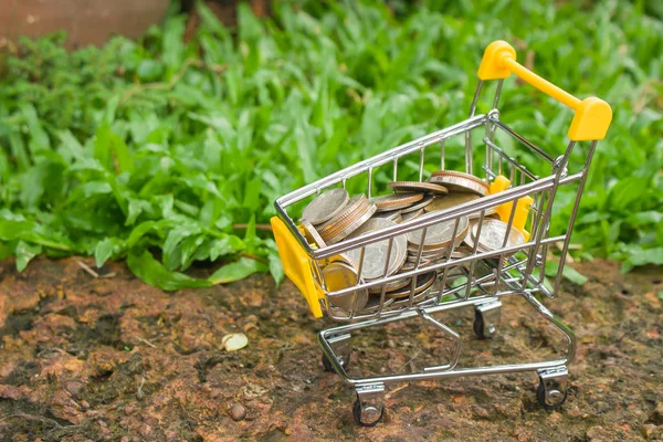 Zakelijke Financiële Concept Verschillende Geld Munten Gele Mini Winkelwagentje Supermarkt — Stockfoto
