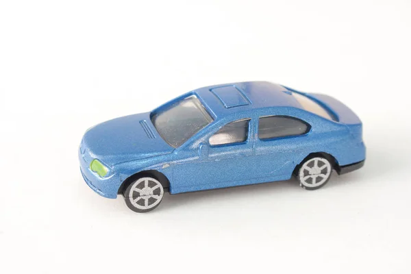 Close Old Blue Car Toy Isolated White Background Selective Focus — Stock Photo, Image