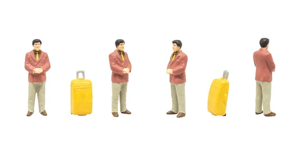 Personaggio Figura Miniatura Come Viaggiatori Bagagli Posa Postura Isolata Sfondo — Foto Stock