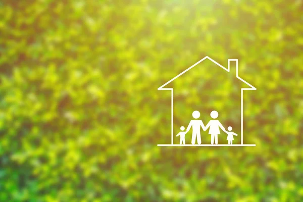 Happy Family Concept Ikony Rodziny Domu Zielonym Krzakiem Słońcem Tle — Zdjęcie stockowe