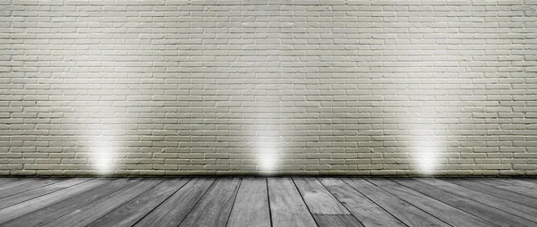 Empty Space Studio Room Spotlight White Brick Wall Wooden Floor — Stock Photo, Image