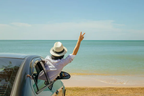 Summer Vacation Car Trip Concept Family Car Trip Sea Asian — Stock Photo, Image