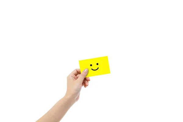 Conceito Feedback Cliente Mão Segurando Símbolo Ícone Sorriso Cartão Amarelo — Fotografia de Stock