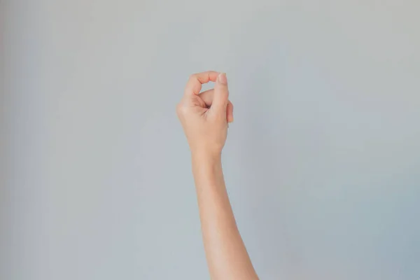 Kaukasische Weibliche Handbewegung Oder Hand Hand Gestikulierend Mit Grauem Hintergrund — Stockfoto