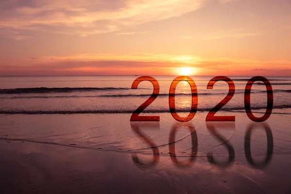 New Years Concept 2020 Mots Sur Bord Mer Avec Belle — Photo
