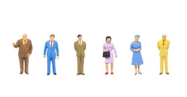 Beyaz arka planda izole edilmiş poziyonda poz veren geçen insanlar olarak minyatür karakter.