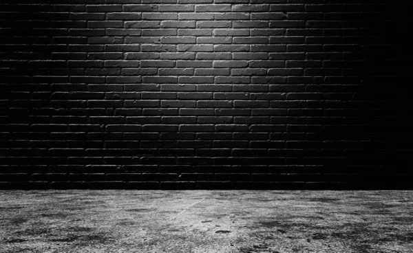 Studio Dark Room Black Brick Wall Spotlight Concrete Floor Display — Stock Photo, Image