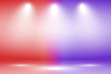 İç dekorasyon için gri duvar gradyan arka planında kırmızı ve mavi ışık efektli Stüdyo odasının soyut görüntüsü.