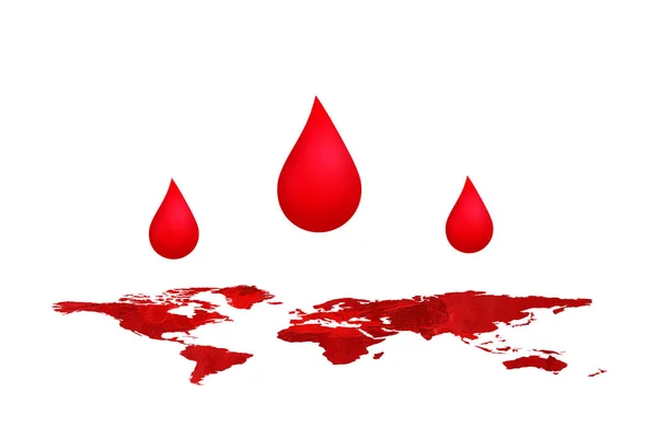 Weltblutspendekonzept Viele Rote Bluttröpfchen Auf Weltkarte — Stockfoto