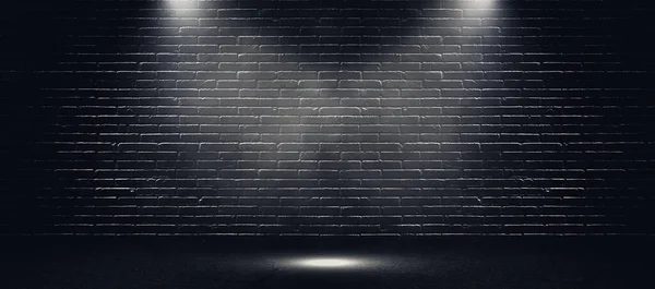 Estúdio Escuro Parede Tijolo Preto Holofotes Com Piso Concreto — Fotografia de Stock