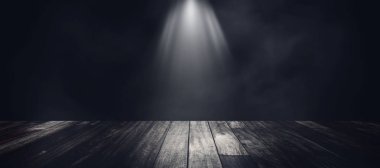 Abstract Black and White image of Empty space studio room of wooden table and spotlight in fog.
