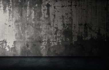 Stüdyo 'dan soyut Siyah ve Beyaz. Beton zeminli siyah beton bir duvar..