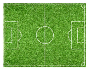 Beyaz arkaplanda izole edilmiş beyaz çizgilerle yeşil futbol sahasının üst görünümü.
