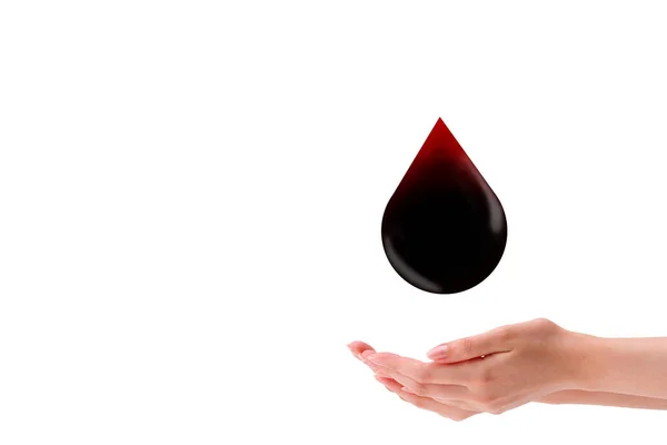 World Blood Donation Concept Female Hand Holding Red Blood Falling — Stockfoto