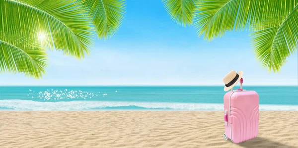 Summer Vacation Holiday Trip Concept Bagagem Rosa Chapéu Tecer Praia — Fotografia de Stock