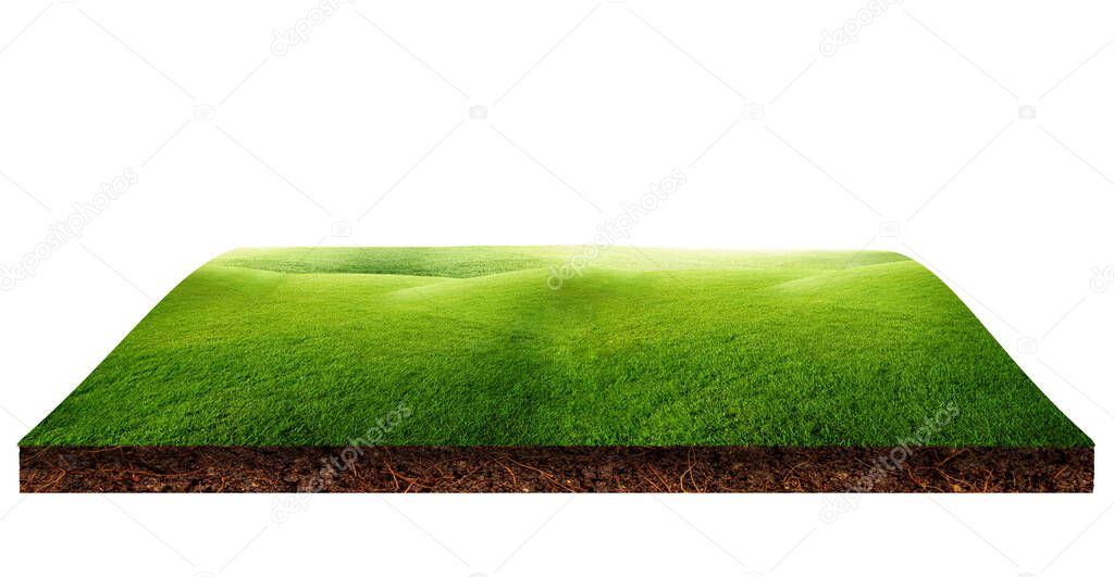 Green grass natural meadow field and little hill on brown ground isolated on white background.