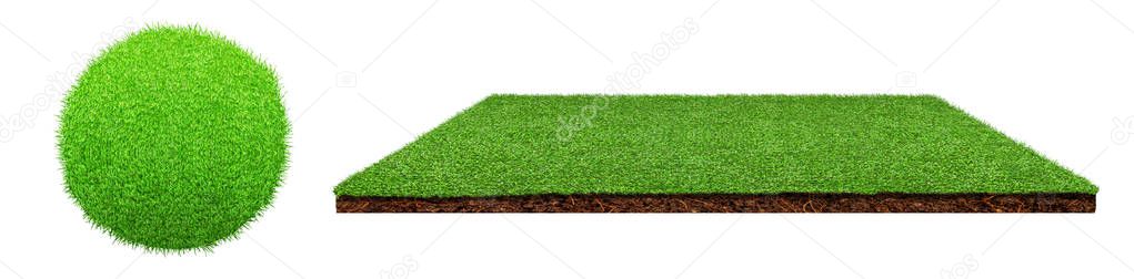 Sphere and Square artificial green grass covered brown soil ground.