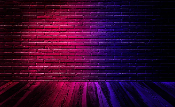 Empty studio dark room black brick wall with wooden floor and lighting effect red and blue.