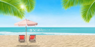 Yaz Tatili ve Tatil Gezisi Konsepti: Sahilde deniz manzarası ve mavi gökyüzü manzaralı plaj koltuğu ve şemsiyesi.
