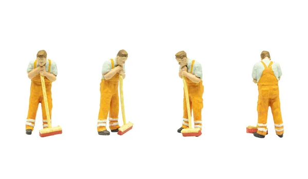 Miniaturowi Ludzie Jako Sprzątaczka Uliczna Pozujący Pozycji Izolowanej Białym Tle — Zdjęcie stockowe