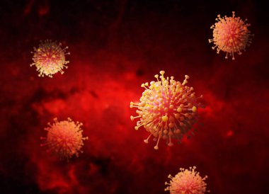 Sağlık hizmetlerindeki CORONA Virüsü Konsepti: Yüzen CORONA virüs hücrelerinin mikroskobik görünümü.