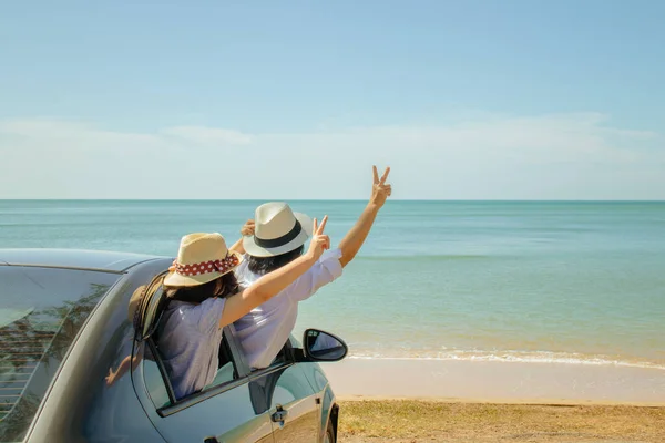 Summer Vacation Car Trip Concept Family Car Trip Sea Woman — Stock Photo, Image