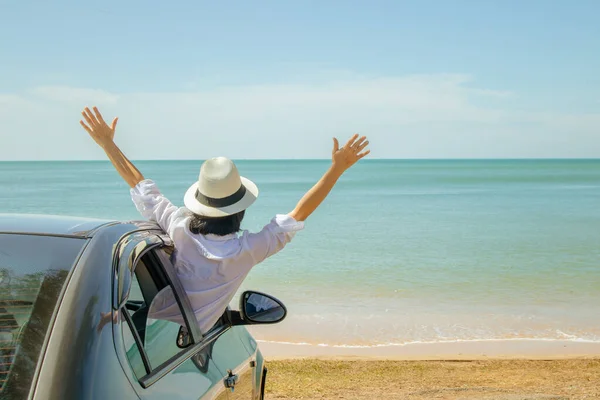 Sommerurlaub Und Auto Reise Konzept Familien Autofahrt Meer Asiatische Frau — Stockfoto