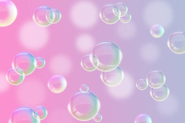 Şeffaf gradyan pastel arka planda gerçekçi su kabarcıklarının soyut görüntüsü,