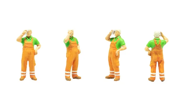 Miniatyr Människor Som Gatan Rengöring Arbetare Poserar Hållning Isolerad Vit — Stockfoto