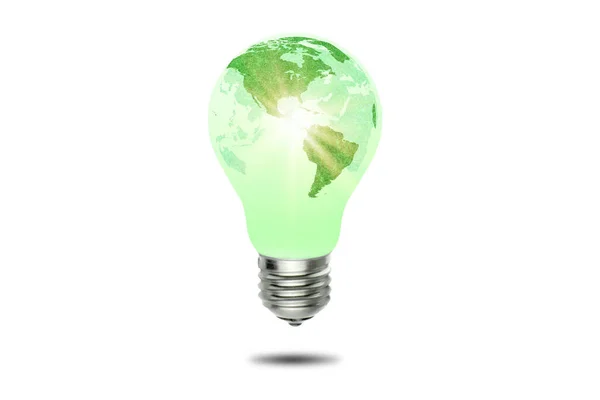 Ecologie Milieu Concept Groene Wereldkaart Lamp Geïsoleerd Witte Achtergrond — Stockfoto