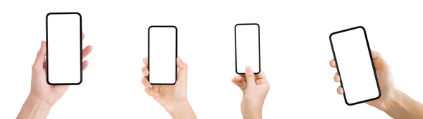 Business Communication Concept Κρατούσε Χέρι Παλιό Μαύρο Smartphone Απομονωμένο Λευκό — Φωτογραφία Αρχείου