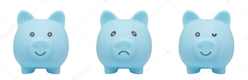 Group of Blue piggy bank in various face emotional isolated on white background.
