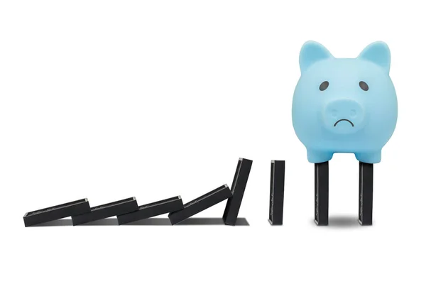 Business Crisis Dominoes Effect Concept Blue Piggy Bank Has Financial — Stock fotografie