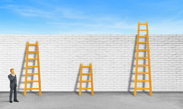 Business Career Growth and Success Concept : Businessman standing on concrete floor and decision making to choose ladder that lean on white brick wall.