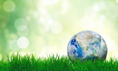 Ekoloji ve Çevre Konsepti: Arka planda bulanık yeşil ve güneş ışığı olan yeşil çimenler üzerindeki mavi gezegen. (NASA tarafından desteklenen bu görüntünün elementleri.)