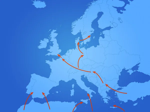 Uprchlíci Trasy Evropy Mapa Migrační Krize — Stock fotografie