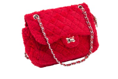 Kırmızı çantalı izole beyaz arka plan üzerinde